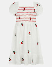Girls Cherry Embroidered Cotton Dress, White (WHITE), large