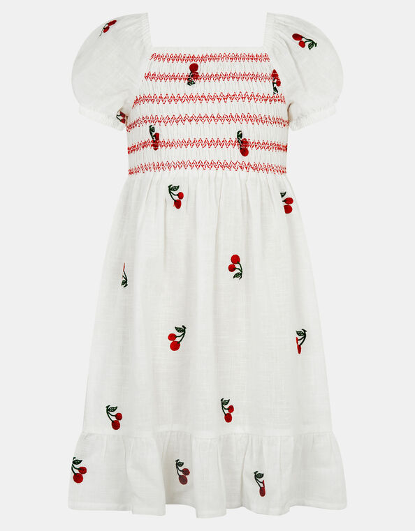 Girls Cherry Embroidered Cotton Dress, White (WHITE), large