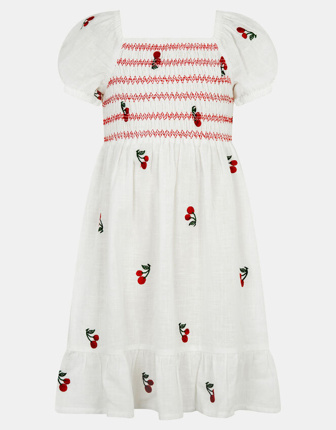 Girls Cherry Embroidered Cotton Dress, White (WHITE), large