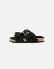 Buckle Footbed Borg Slippers, Black (BLACK), large