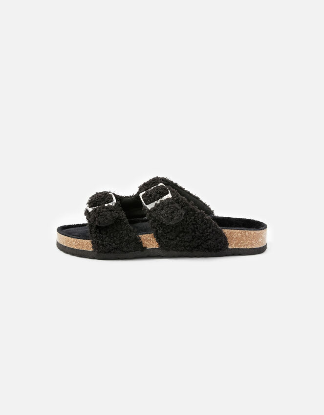 Buckle Footbed Borg Slippers, Black (BLACK), large