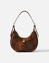Faux Snake Padlock Shoulder Bag, Brown (BROWN), large