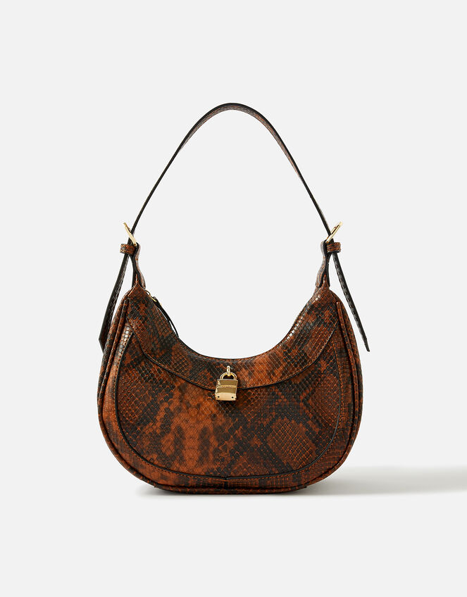 Faux Snake Padlock Shoulder Bag, Brown (BROWN), large