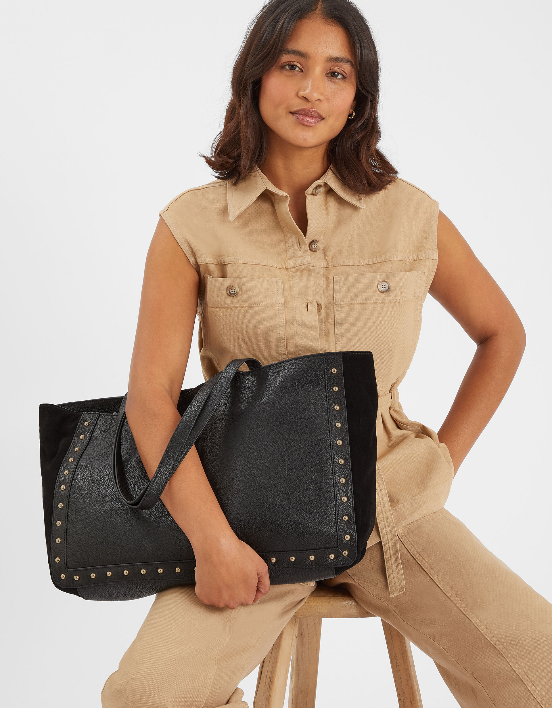 Stud Leather Shopper Bag | Leather Bags | Accessorize UK