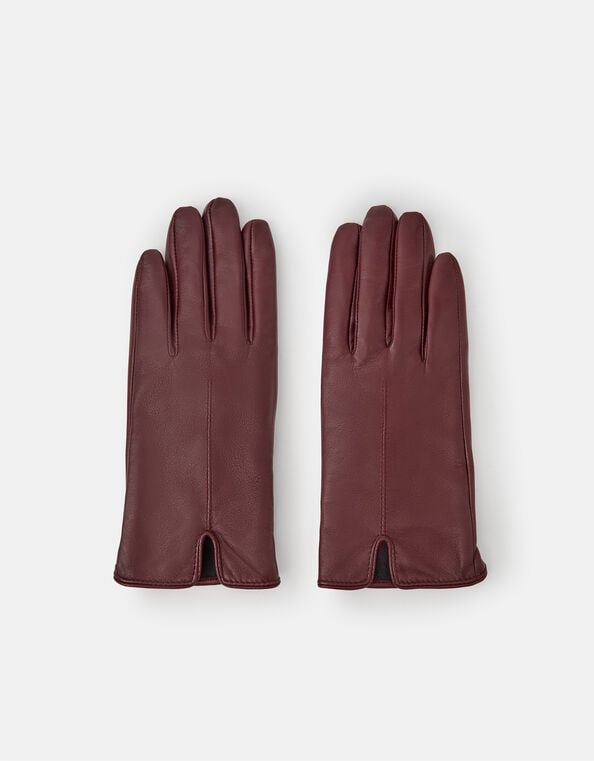Fleece Lined Touchscreen Leather Gloves, Red (BURGUNDY), large