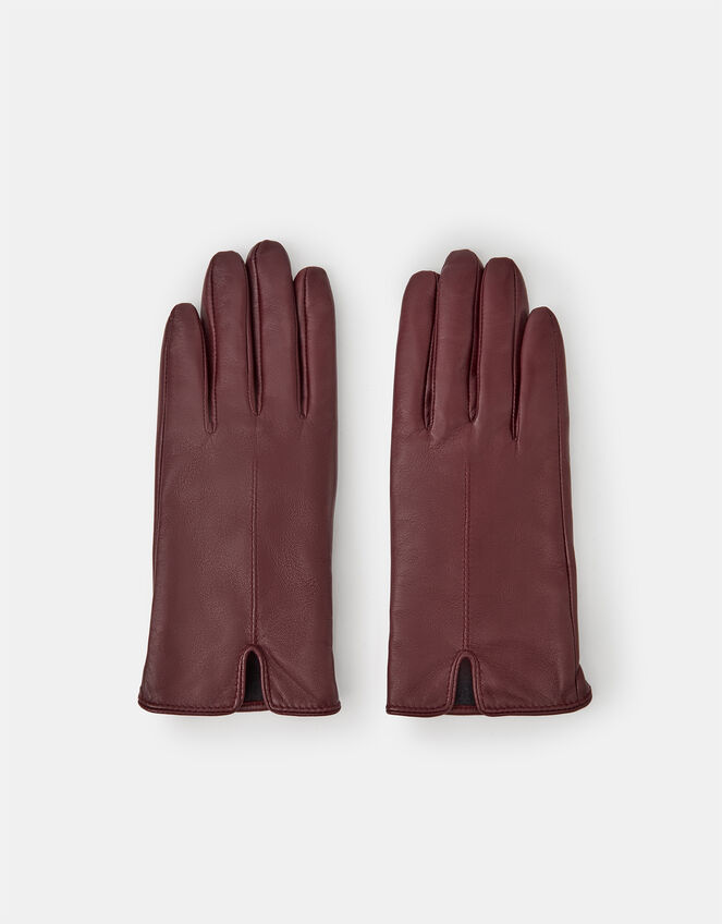 Fleece Lined Touchscreen Leather Gloves, Red (BURGUNDY), large