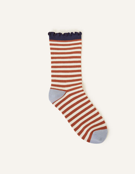 Stripe and Frill Socks, Brown (BROWN), large