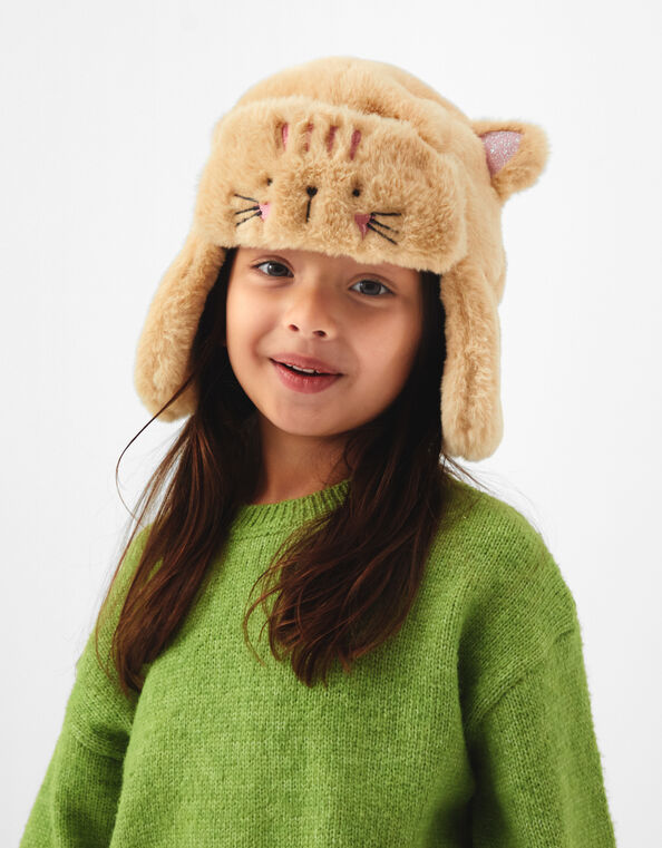 Girls Fluffy Cat Trapper Hat, Camel (BEIGE), large