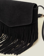 Leather Fringe Cross-Body Bag, Black (BLACK), large