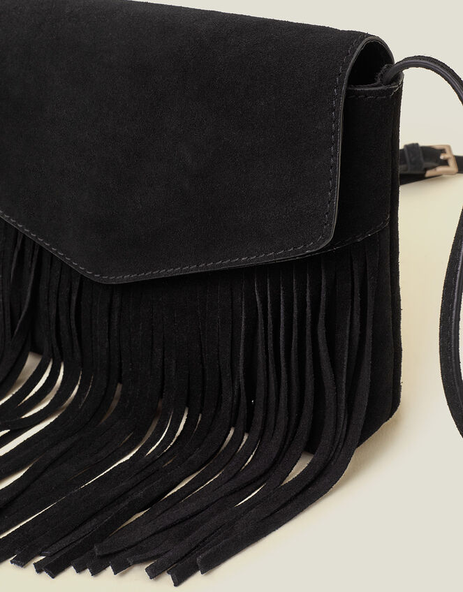 Leather Fringe Cross-Body Bag, Black (BLACK), large