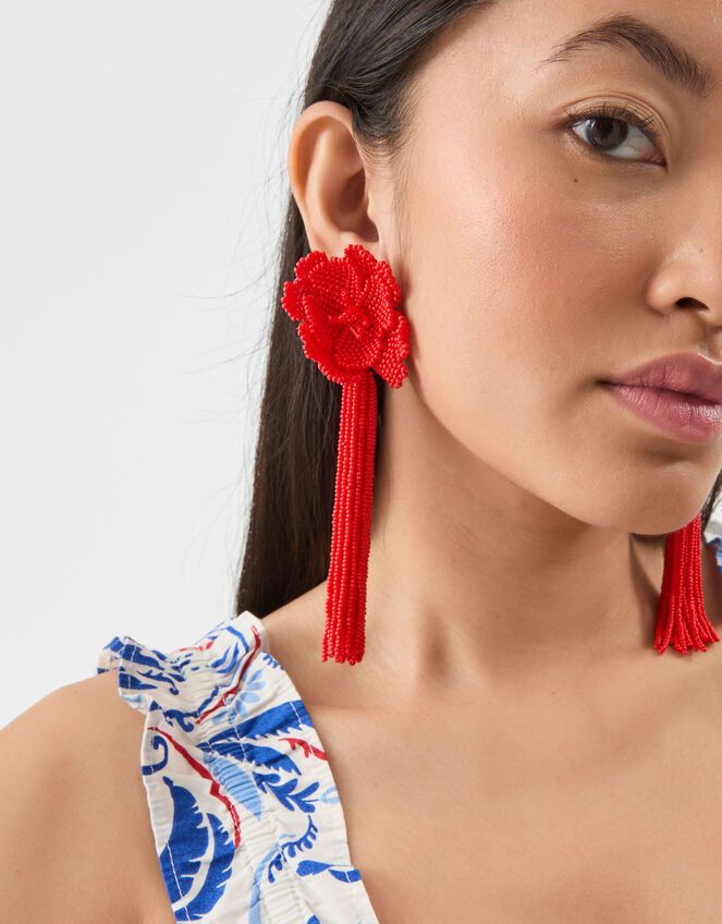 Beaded Flower Tassel Drop Earrings, , large