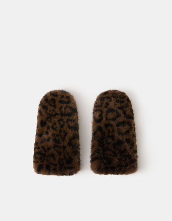 Faux Fur Leopard Print Mittens, , large