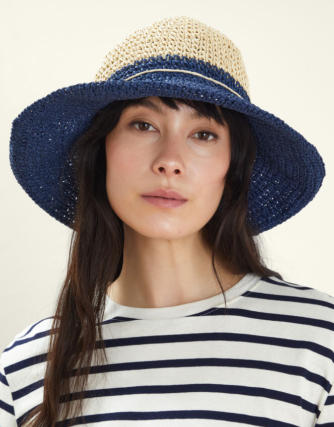 Two-Tone Straw Bucket Hat Navy, , large