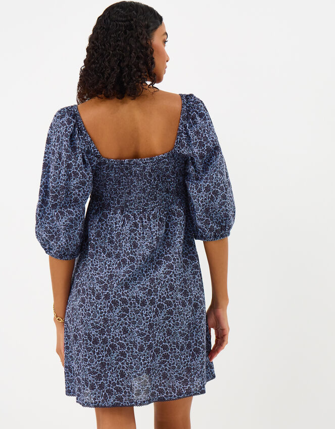 Floral Print Puff Sleeve Mini Dress, Blue (BLUE), large