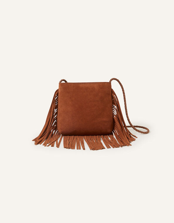 Leather Fringe Cross-Body Bag, Tan (TAN), large