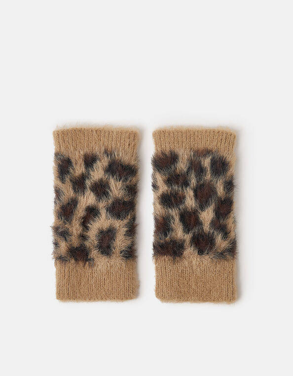 Fuzzy Leopard Print Fingerless Gloves, , large