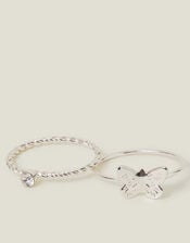 2-Pack Butterfly Diamante Rings, Silver (SILVER), large