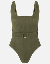 Square Neck Belted Swimsuit, Green (KHAKI), large