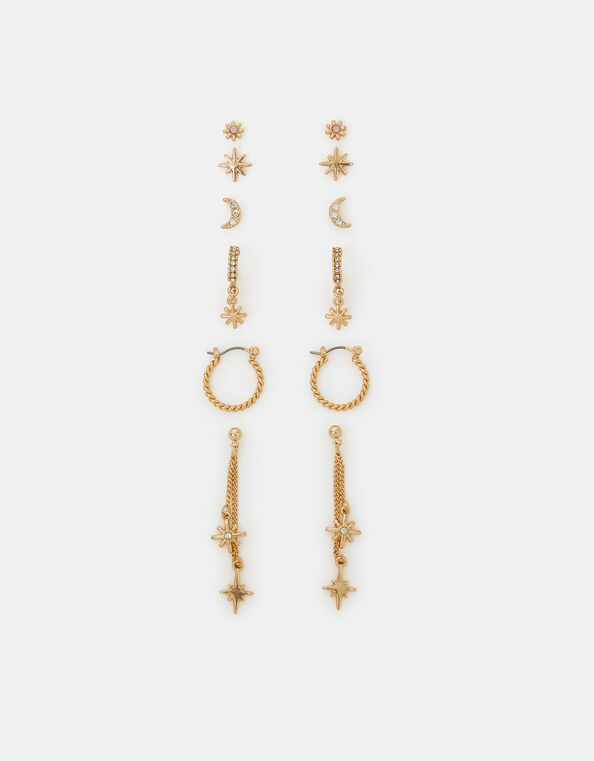 6-Pack Celestial Chain Stud and Hoop Earrings Gold, , large