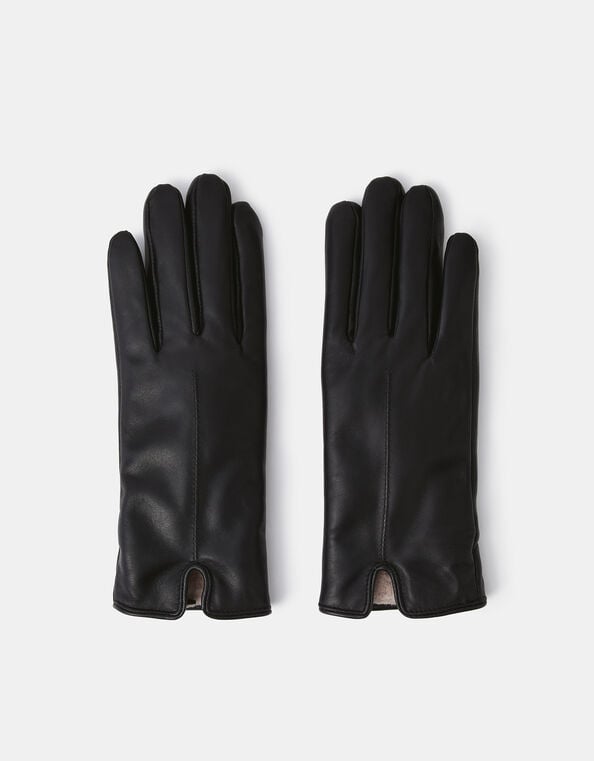 Faux Fur Lined Leather Gloves, Black (BLACK), large