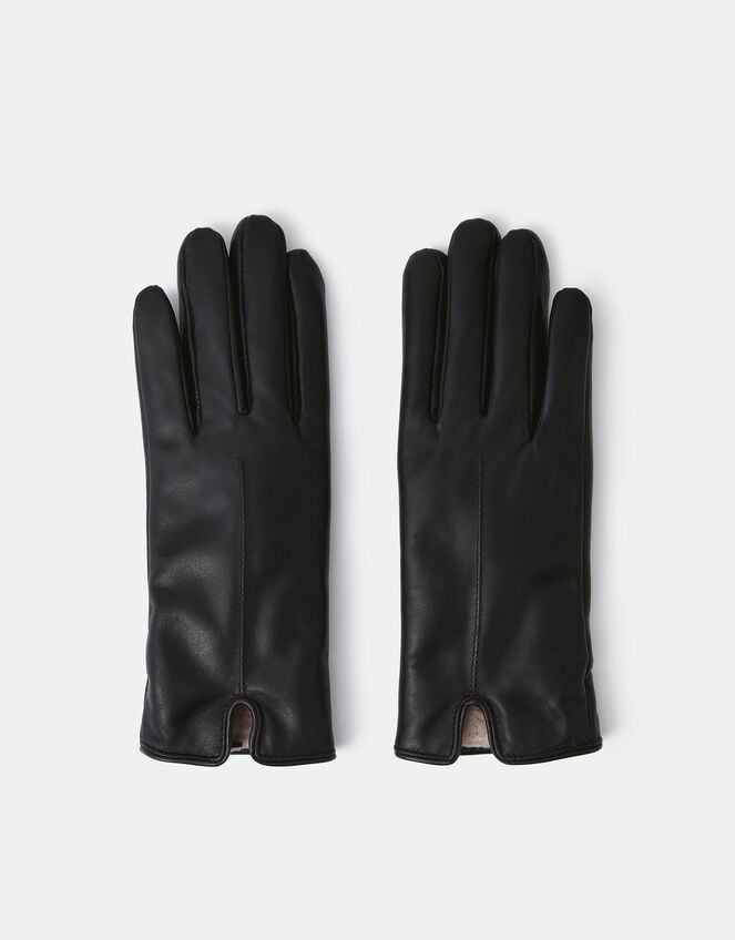 Faux Fur Lined Leather Gloves, Black (BLACK), large