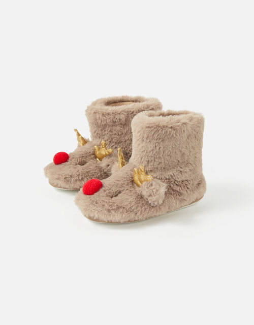 Girls Rudolph Fluffy Boot Slippers, Brown (BROWN), large