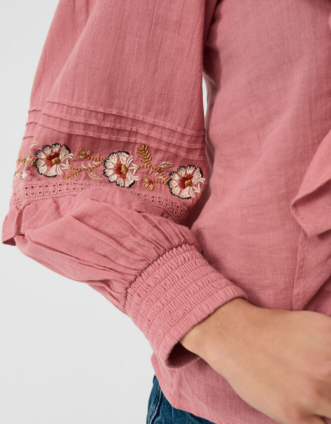 Floral Embroidered Ruffle Blouse, Pink (PINK), large
