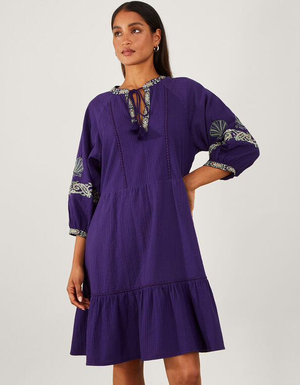 Shell Embroidered Short Dress, Blue (NAVY), large