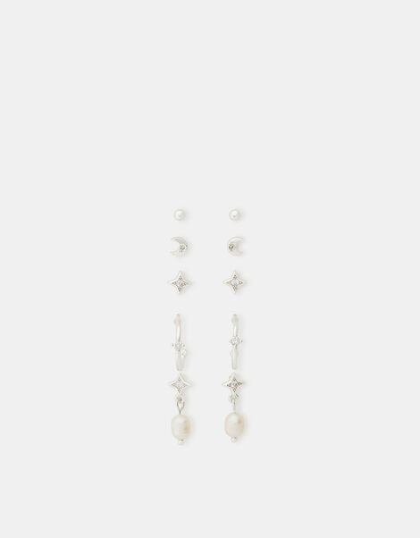 5-Pack Sterling Silver-Plated Pearl Stud & Hoop Earrings, , large