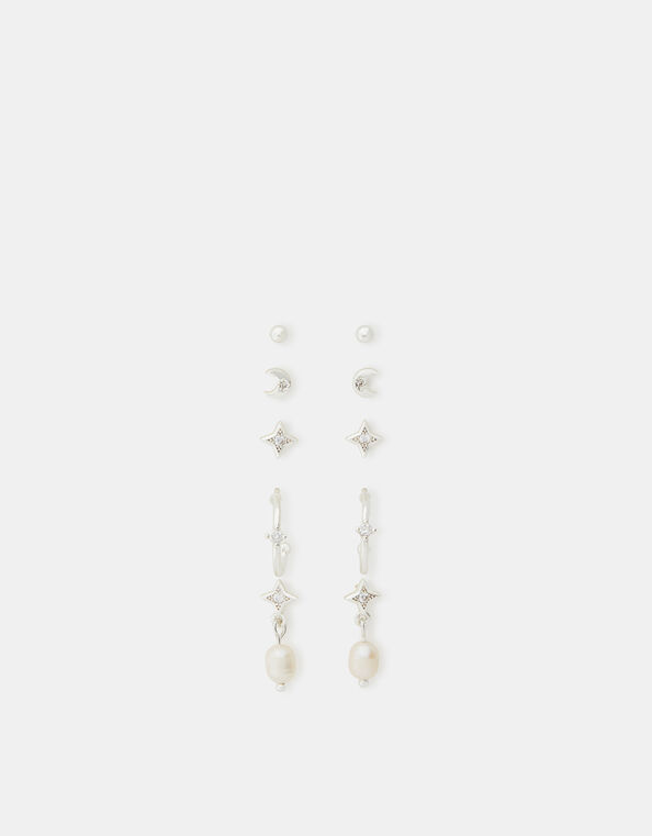 5-Pack Sterling Silver-Plated Pearl Stud & Hoop Earrings, , large