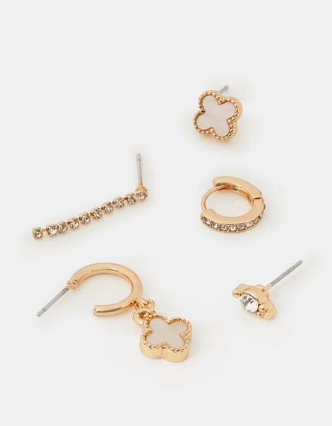 5-Pack Pearl Clover Stud & Hoop Earrings, Gold (GOLD), large