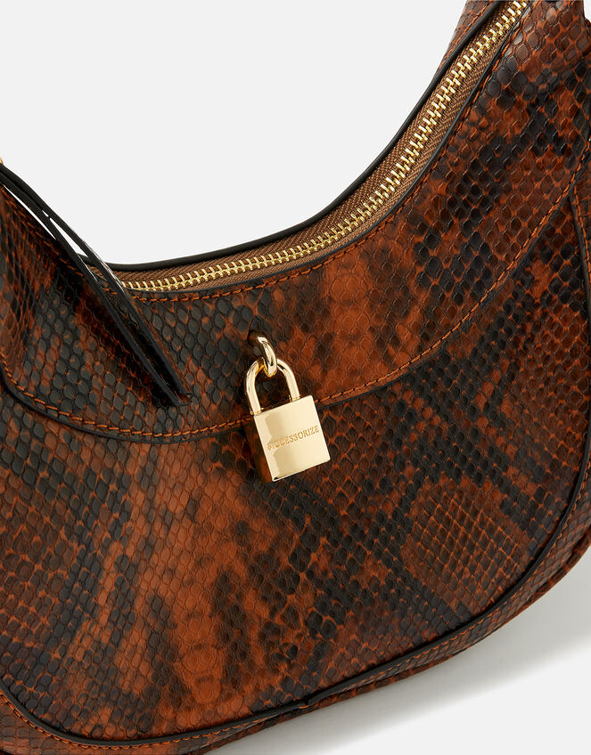 Faux Snake Padlock Shoulder Bag, Brown (BROWN), large