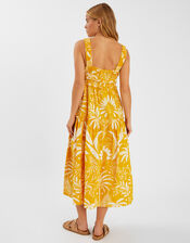 Palm Print Sleeveless Midi Dress, Yellow (YELLOW), large