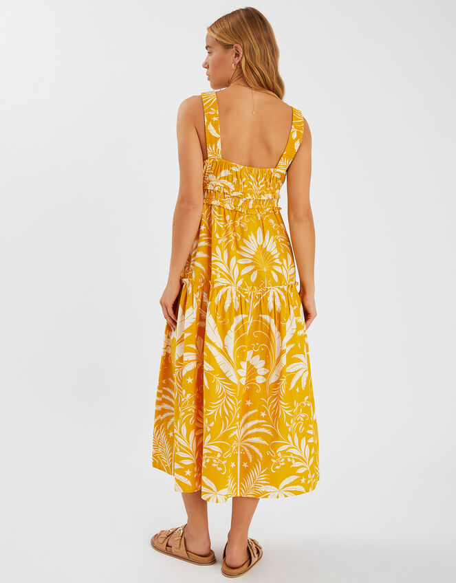 Palm Print Sleeveless Midi Dress, Yellow (YELLOW), large