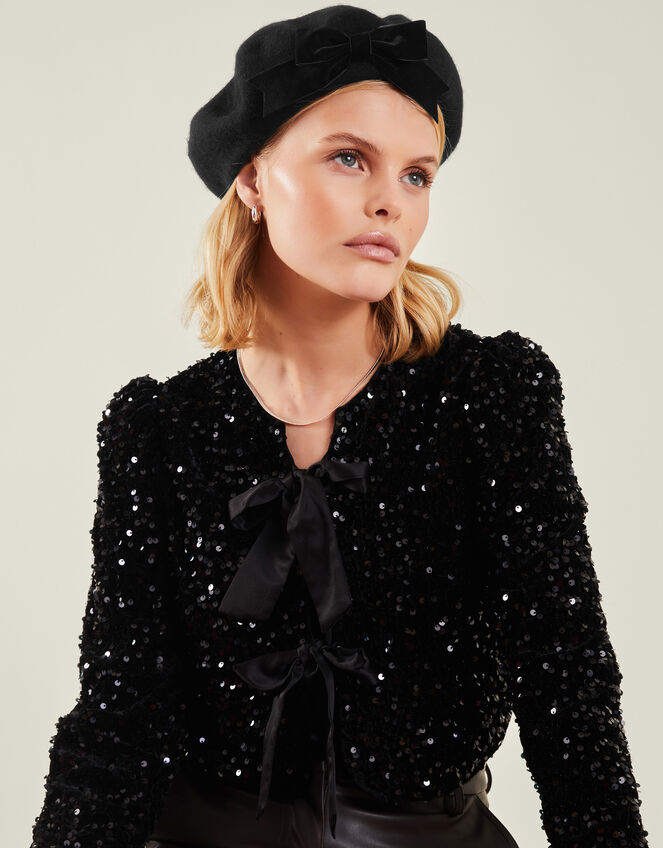 Wool Bow Beret, Black (BLACK), large