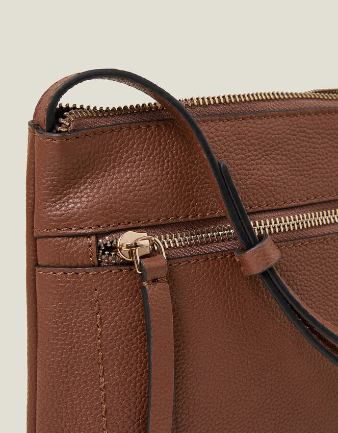 Zip Detail Leather Cross-Body Bag, Tan (TAN), large