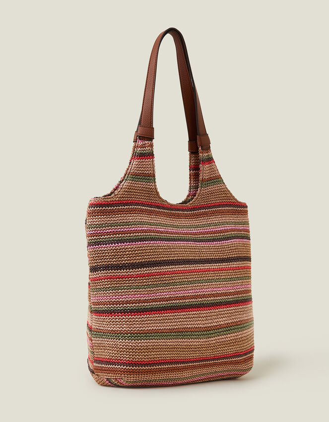 Stripe Raffia Shoulder Bag, , large