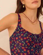 Cherry Print Front Tie Swimsuit, Blue (NAVY), large