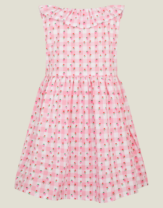 Girls Sleeveless Gingham Strawberry Dress, Pink (PINK), large