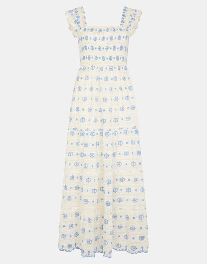 Broderie Smocked Metallic Maxi Dress, White (WHITE), large