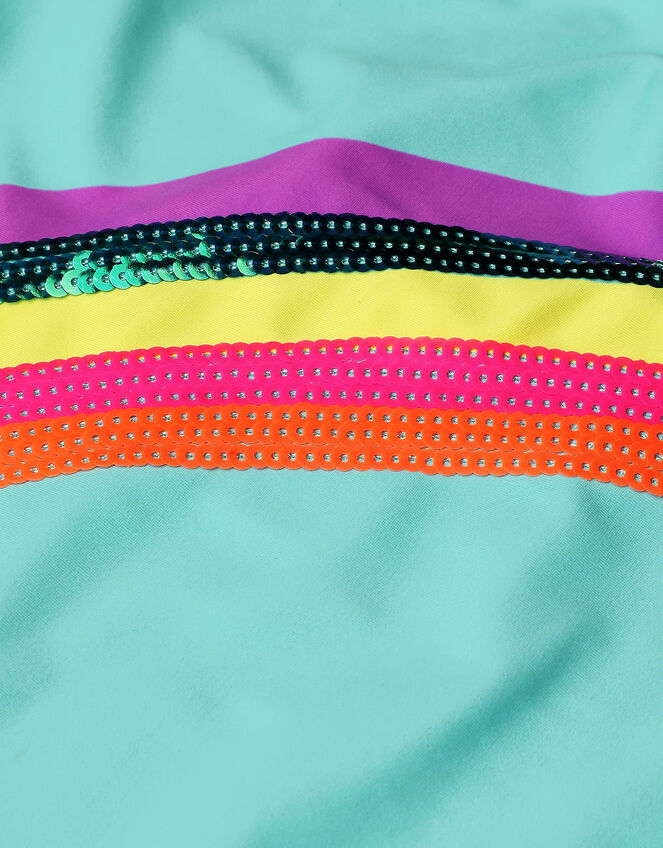 Girls Sequin Shooting Rainbow Swimsuit with Recycled Polyester, Blue (AQUA), large