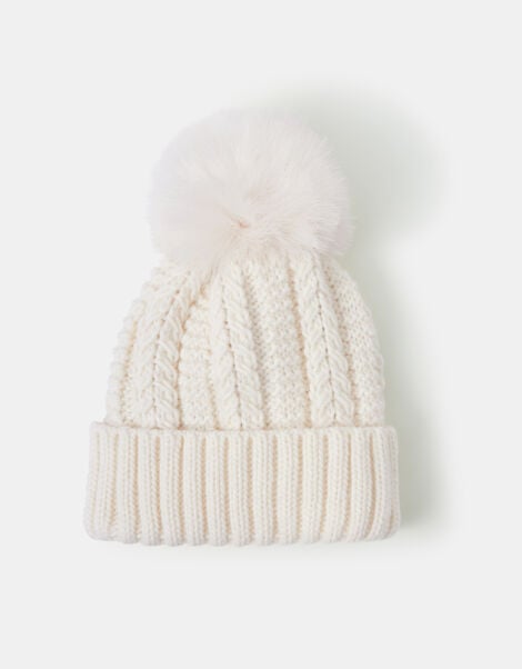Faux Fur Pom Beanie Hat, Cream (CREAM), large