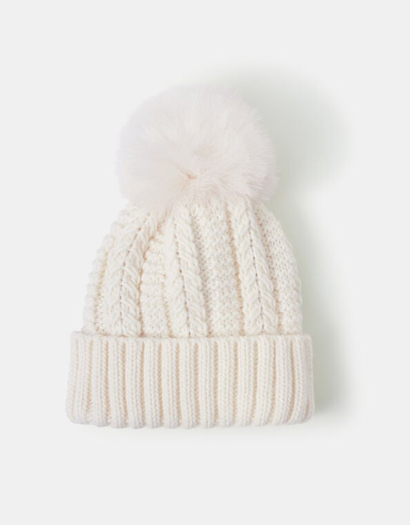 Faux Fur Pom Beanie Hat, Cream (CREAM), large
