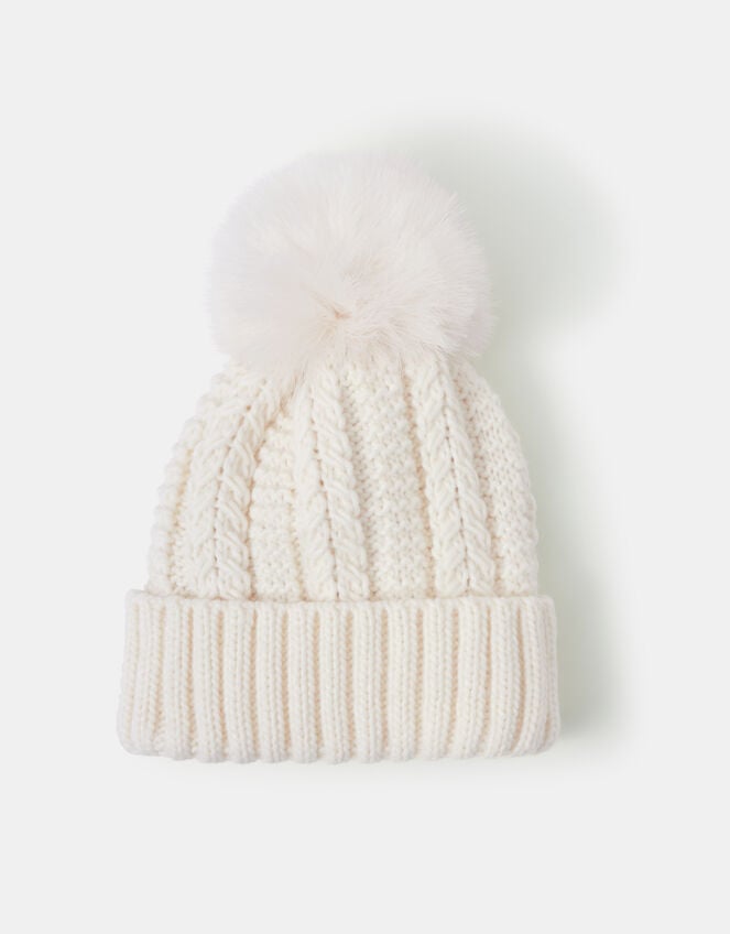 Faux Fur Pom Beanie Hat, Cream (CREAM), large