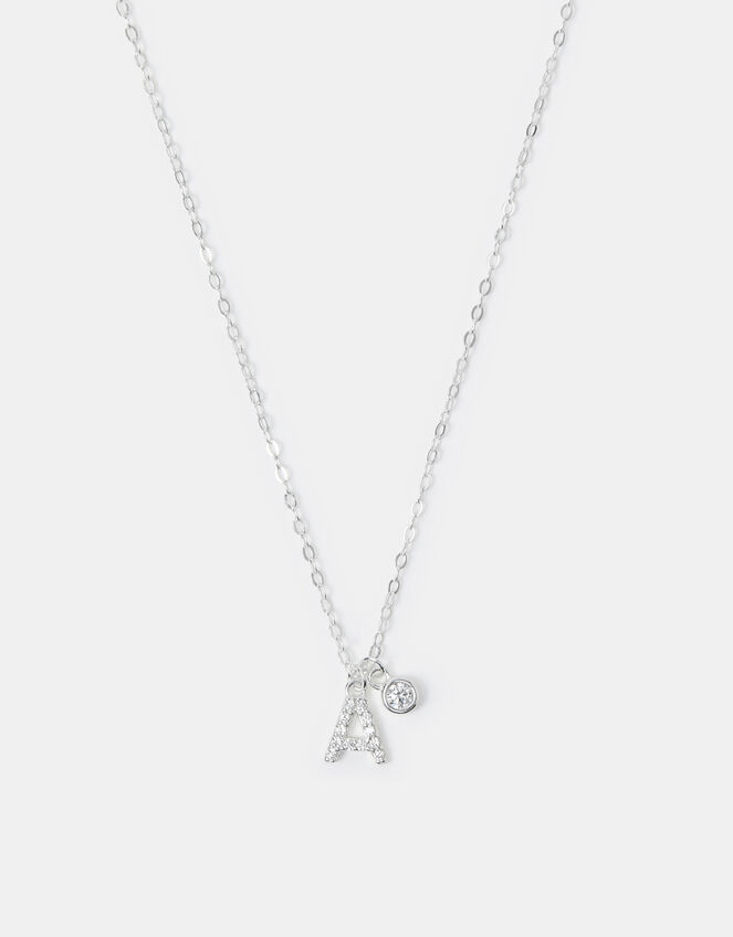 Sterling Silver Stone Initial Pendant Necklace, Silver (ST SILVER), large