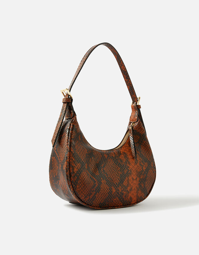 Faux Snake Padlock Shoulder Bag, Brown (BROWN), large
