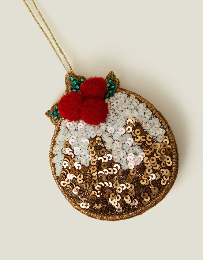 Embroidered Christmas Pudding Tree Decoration, , large