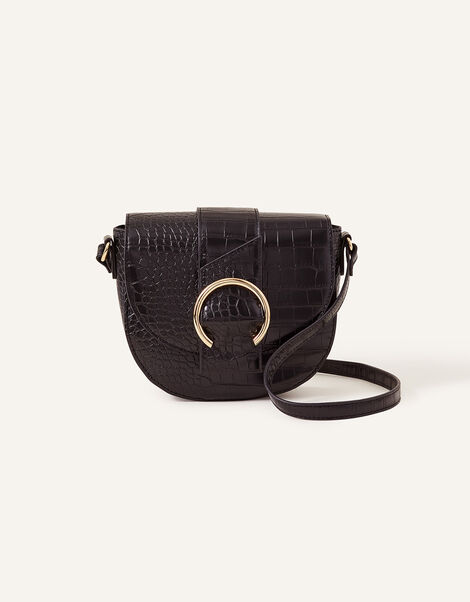 Faux Croc Ring Detail Saddle Bag, Black (BLACK), large
