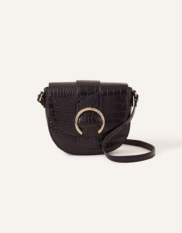 Faux Croc Ring Detail Saddle Bag, Black (BLACK), large