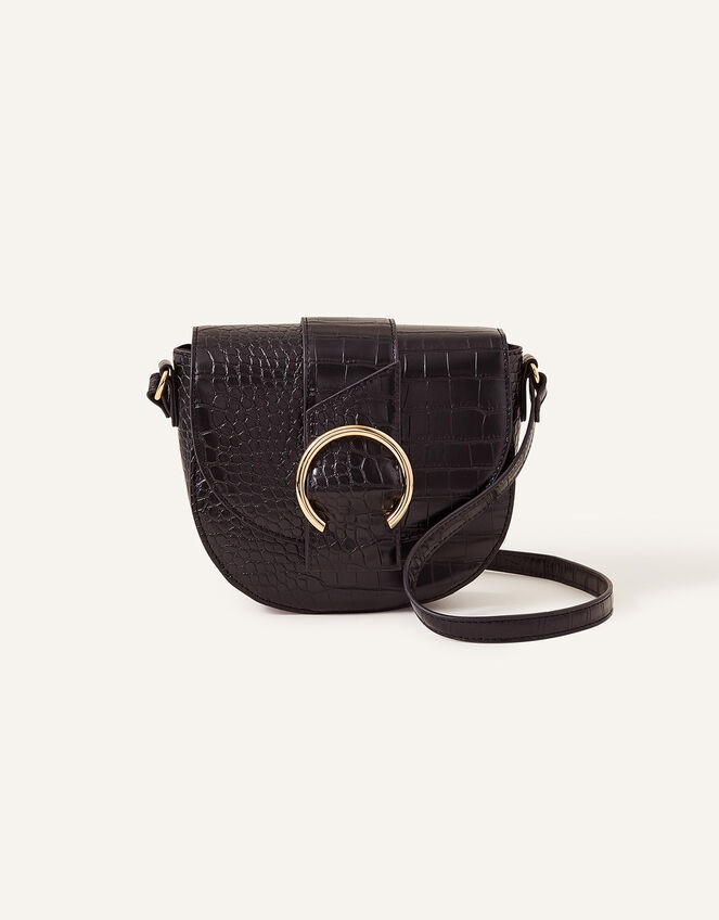 Faux Croc Ring Detail Saddle Bag, Black (BLACK), large